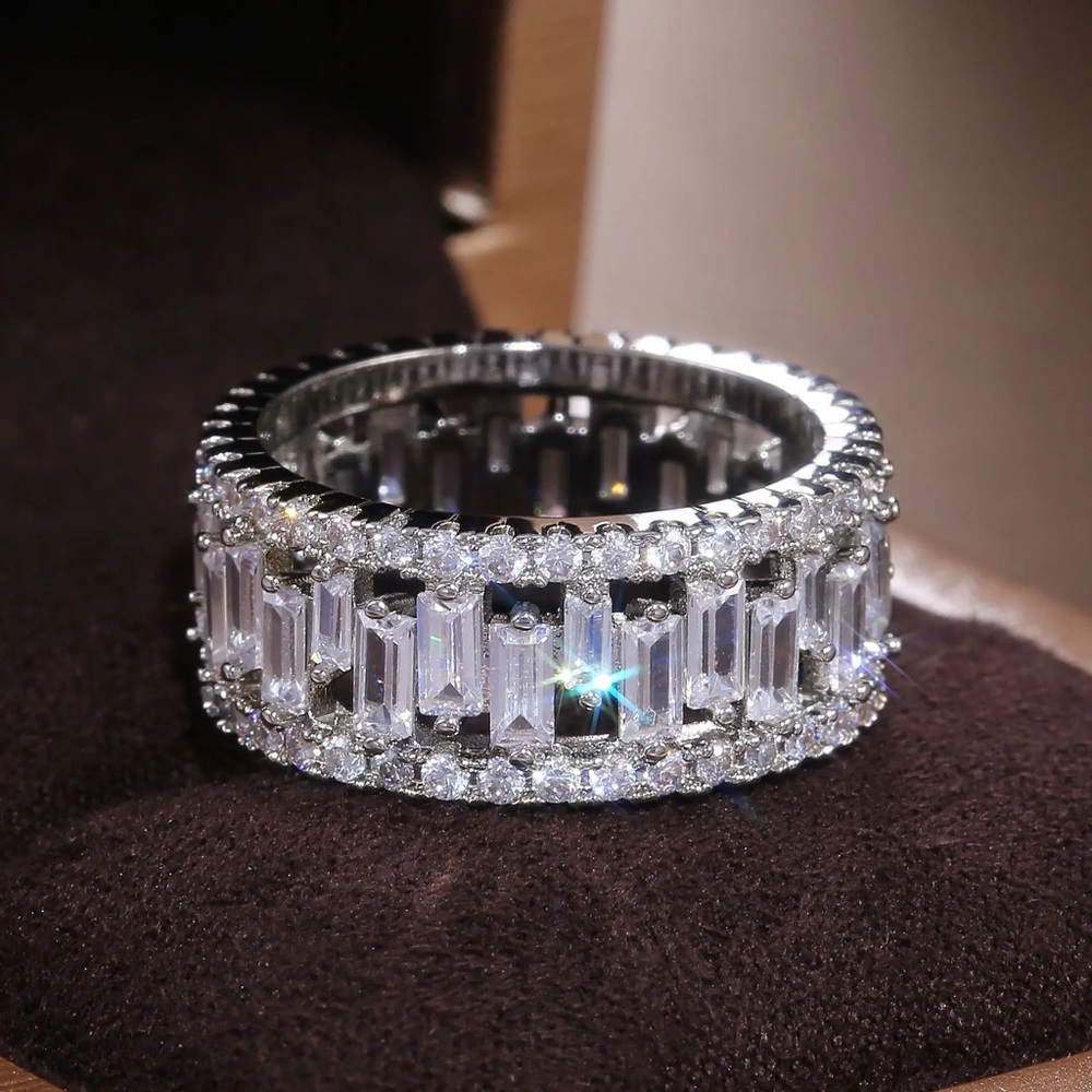 New Women’s 925 Silver Rectangle Diamond Eternity Ring - Picture 3 of 4